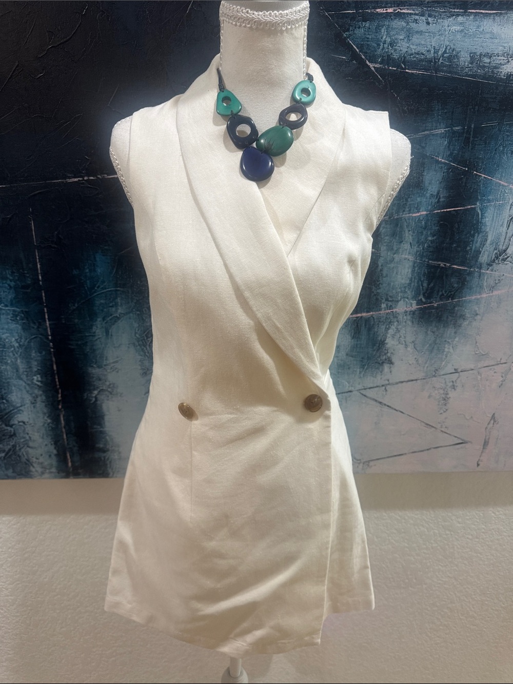 Sleeveless White Wrap Dress-short with Double Button Size XS
